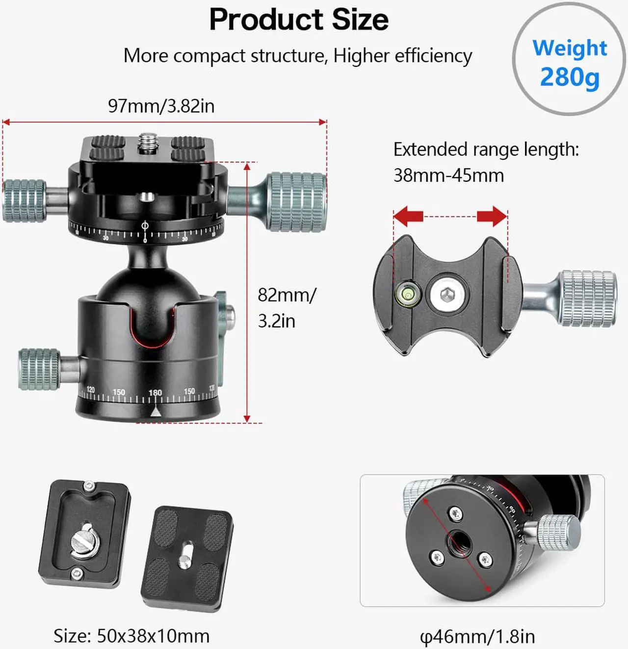 Alt view image 7 of 7 - Koolehaoda Low Profile Ball Head, 360 Degrees Double Panoramic Head F36mm Metal ball diameter and 1/4" Screw Arca-Type QR Plate for DSLR,Tripod. Max Load 33lbs/15kg