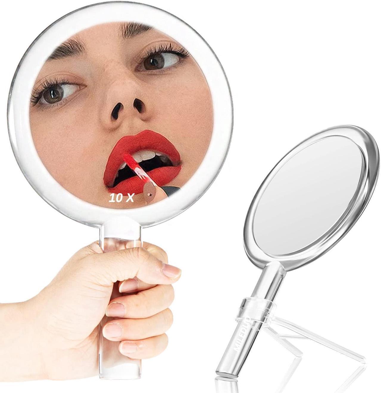 Main image of MILEDUO Double-Sided Handheld Mirror with Stand 1X/10X Magnifying Mirror with Handle Clear Adjustable Handheld Mirror Round Makeup Hand Mirror for Women Girls Makeup Tools Home Travel Use