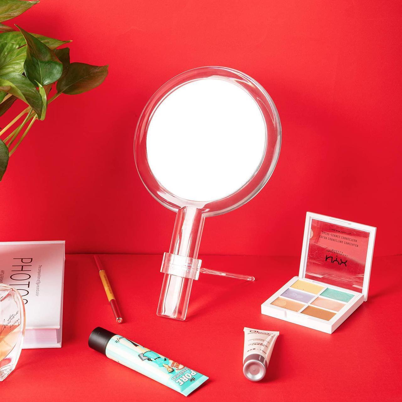 Alt view image 6 of 7 - MILEDUO Double-Sided Handheld Mirror with Stand 1X/10X Magnifying Mirror with Handle Clear Adjustable Handheld Mirror Round Makeup Hand Mirror for Women Girls Makeup Tools Home Travel Use
