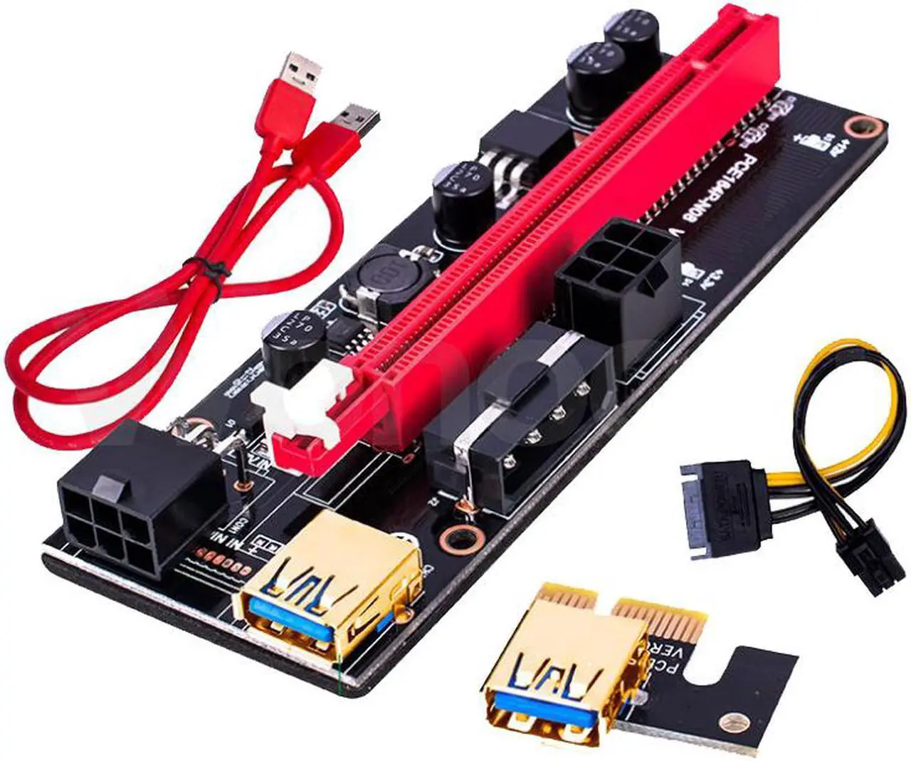 Alt view image 4 of 4 - PCIe Riser Cable 1X to 16X Graphics Extension for GPU Mining Powered Riser Adapter Card, 60cm USB 3.0 Cable,PCI Express X1 to X16 GPU Mining Card, SATA,6Pin and Molex 3 Power Options-6pcs/Lot