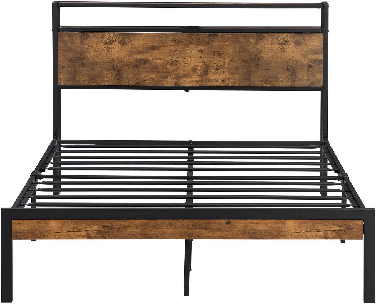 Alt view image 4 of 7 - Queen Size Metal Platform Bed Frame with Wooden Headboard and Footboard with USB LINER, No Box Spring Needed, Large Under Bed Storage, Easy Assemble