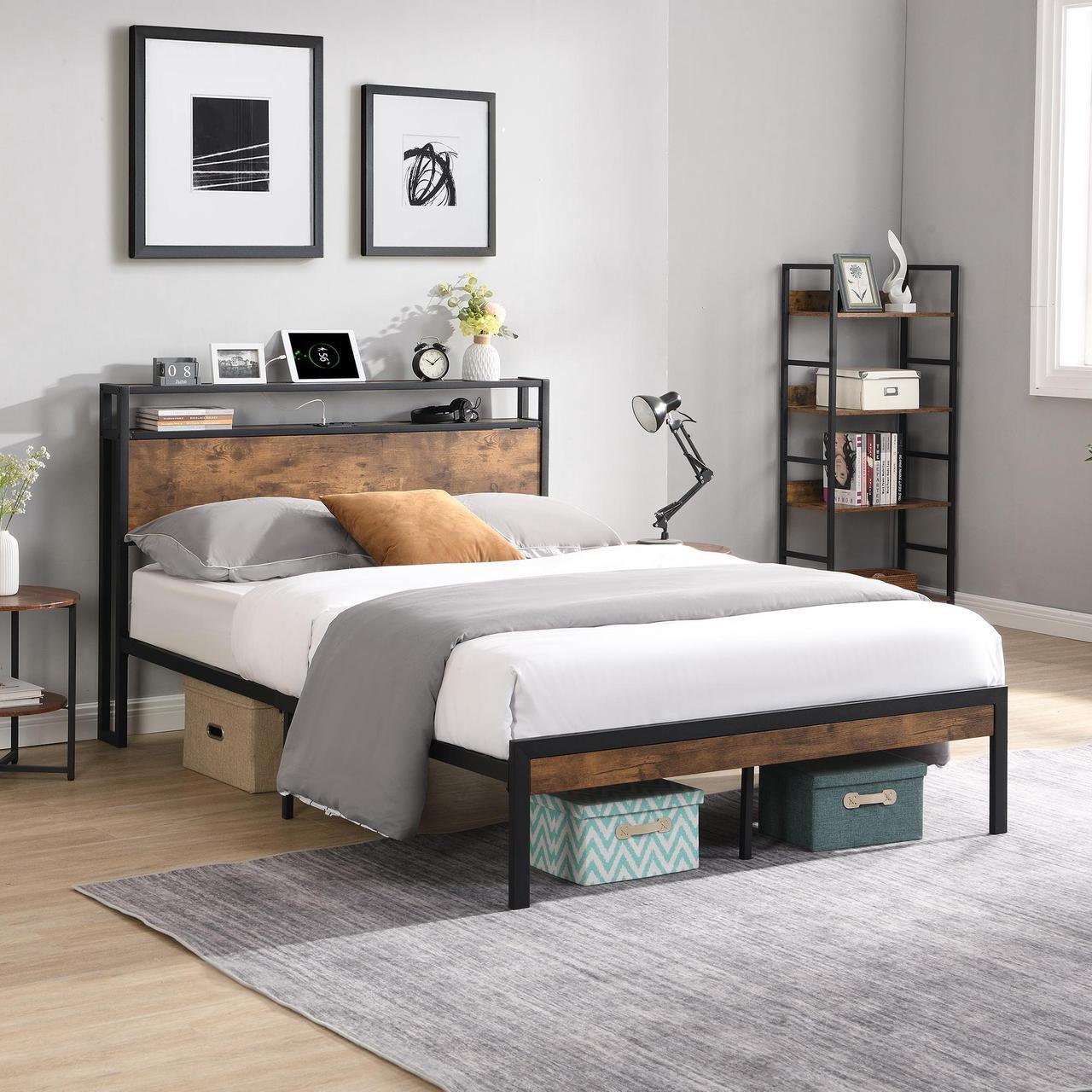 Main image of Queen Size Metal Platform Bed Frame with Wooden Headboard and Footboard with USB LINER, No Box Spring Needed, Large Under Bed Storage, Easy Assemble