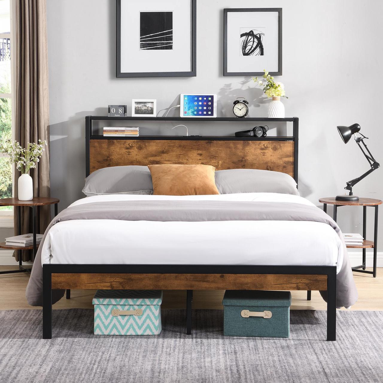 Alt view image 2 of 7 - Queen Size Metal Platform Bed Frame with Wooden Headboard and Footboard with USB LINER, No Box Spring Needed, Large Under Bed Storage, Easy Assemble