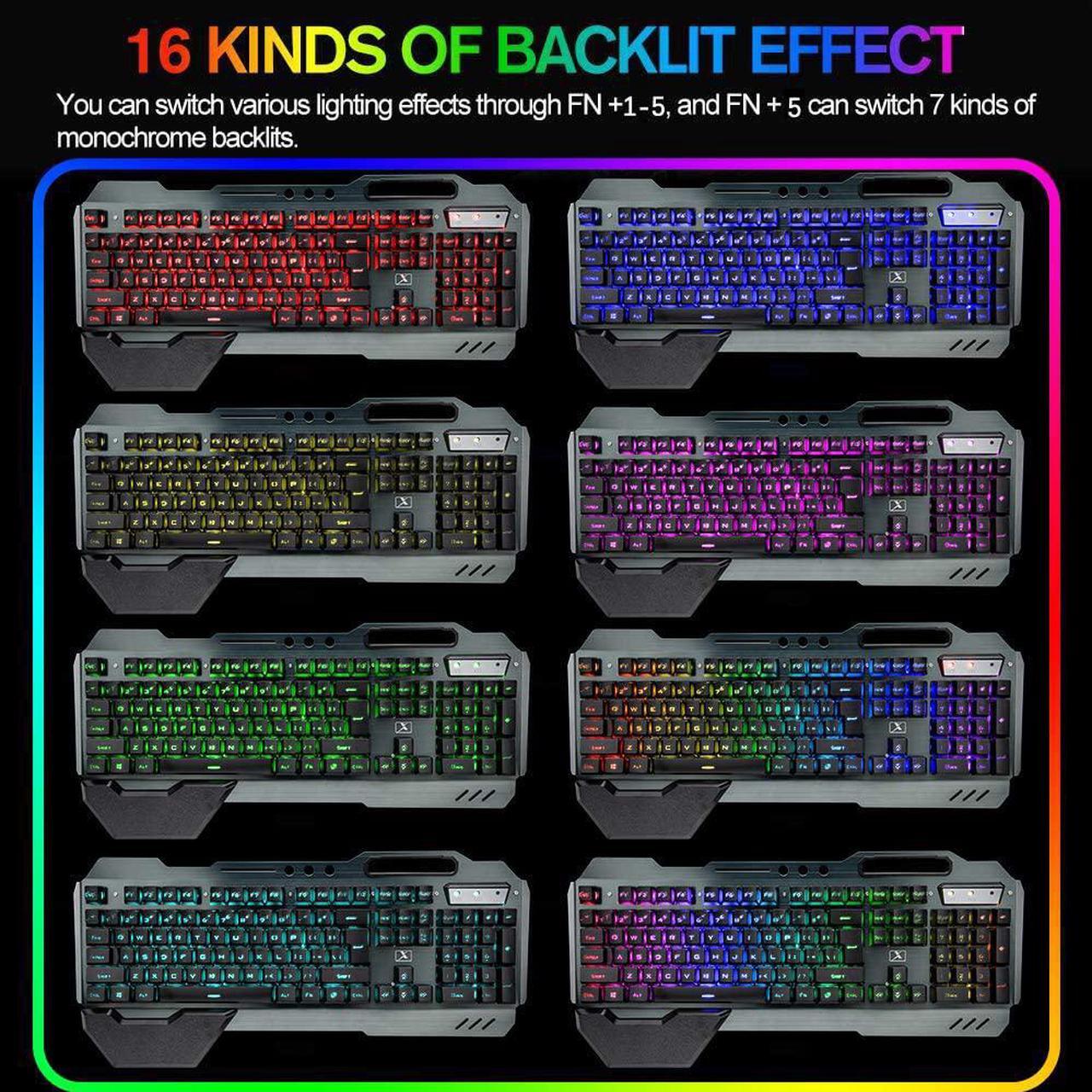 Alt view image 3 of 7 - Wireless Gaming Keyboard Mouse Bluetooth Headset Kit with 16 RGB Backlit Rechargeable Battery Metal Mechanical Ergonomic Waterproof Dustproof Removable Palm Rest for Laptop PC Gamer(Rainbow RGB)