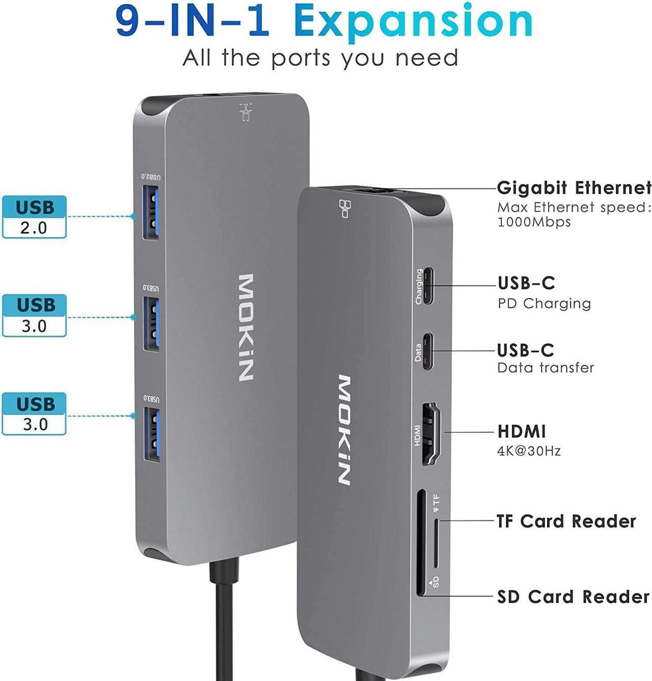 Alt view image 2 of 7 - USB C Adapters for MacBook Pro/Air,Mac Dongle with 3 USB Port,USB C to HDMI, USB C to RJ45 Ethernet,MOKiN 9 in 1 USB C to HDMI Adapter,100W Pd Charging(White and grey random delivery)