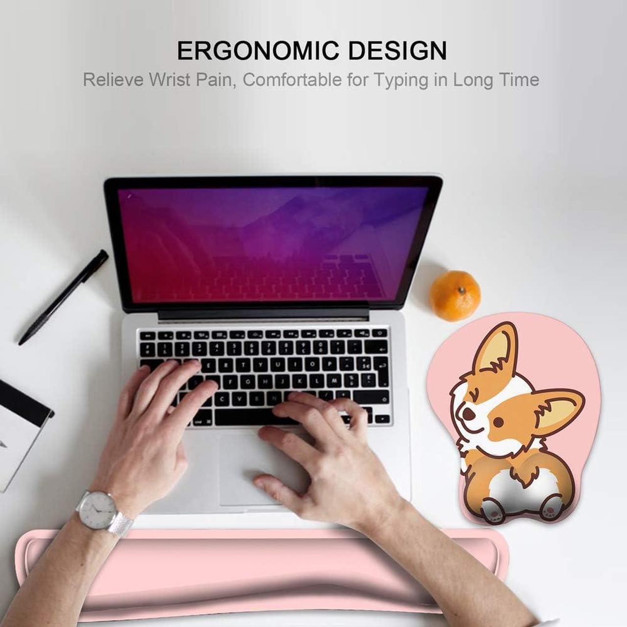 Alt view image 4 of 7 - HAOCOO Keyboard Pad Wrist Rest and Gel Mouse Pad with Wrist Support,Ergonomic Corgi Mouse Pads with Non-Slip Backing Memory Foam Filled, Easy Typing &Pain Relief for Home Office Computer Laptop(Pink)