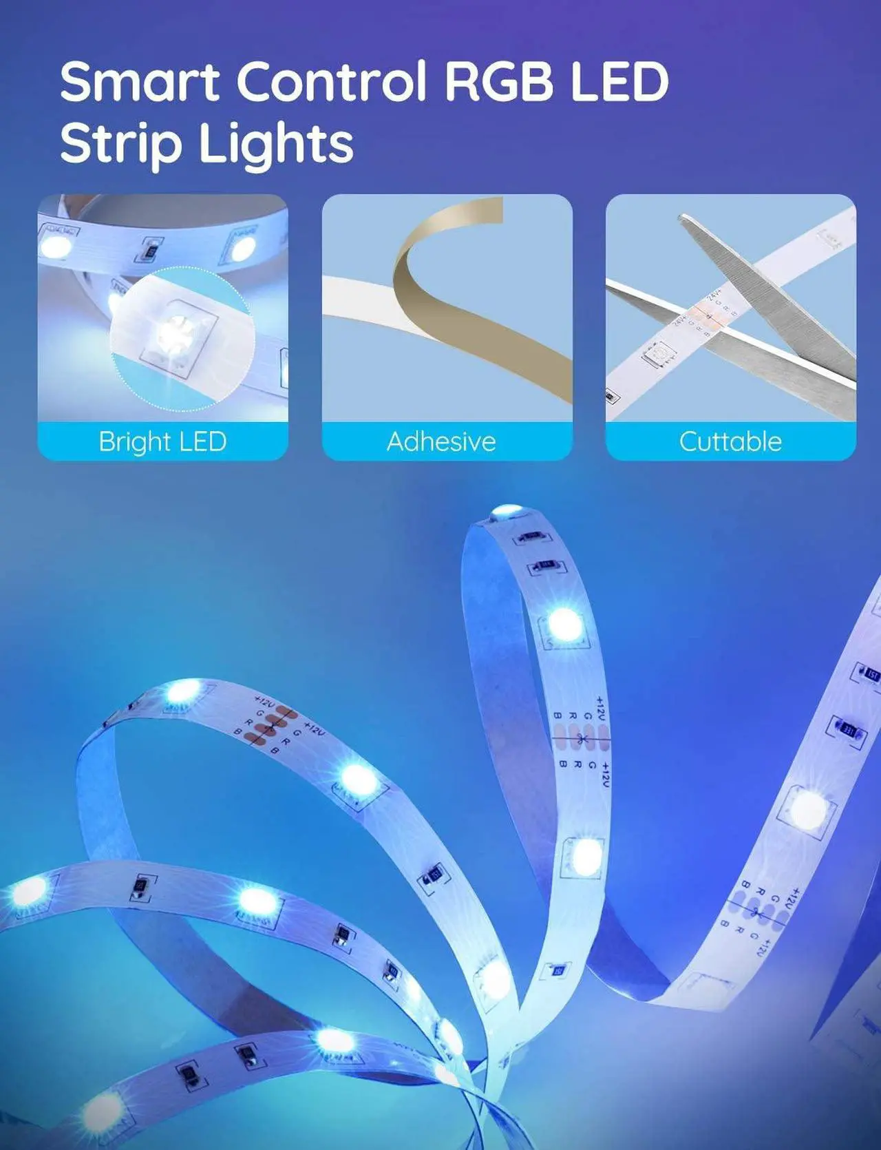 Alt view image 7 of 7 - Govee 32.8ft LED Strip Lights Work with Alexa and Google Assistant Wireless Smart Phone APP Control Light Strip (2x5m) Music Sync RGB Tape LED Lights for Room Kitchen Home Party (Not Support 5G WiFi)