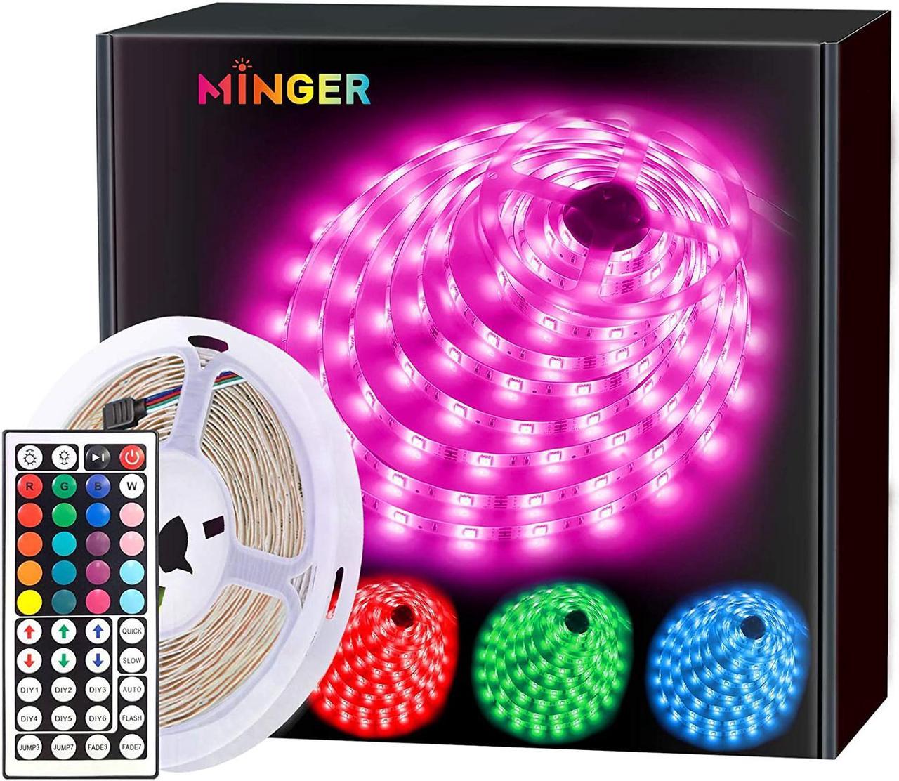 MINGER LED Strip Lights 16.4ft RGB Color Changing LED Lights for Home Kitchen Room Bedroom Dorm Room Bar with IR Remote Control 5050 LEDs DIY Mode