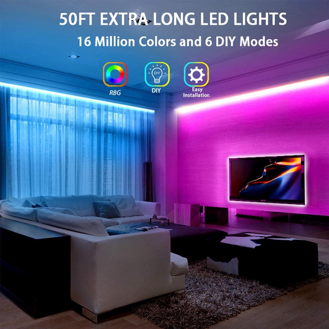 Alt view image 2 of 7 - Dalattin Led Lights for Bedroom 50ft,2 Rolls of 25ft RGB 5050 Led Strip Lights Color Changing Kit with 44 Keys Remote Controller and 12V Power Supply Led Light Strips Indoor Decoration
