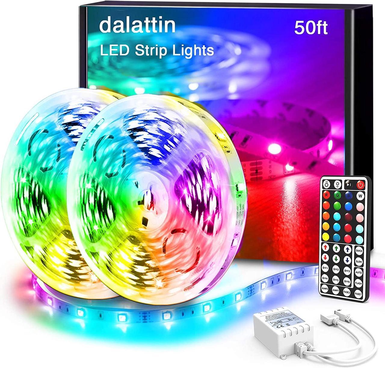 Main image of Dalattin Led Lights for Bedroom 50ft,2 Rolls of 25ft RGB 5050 Led Strip Lights Color Changing Kit with 44 Keys Remote Controller and 12V Power Supply Led Light Strips Indoor Decoration