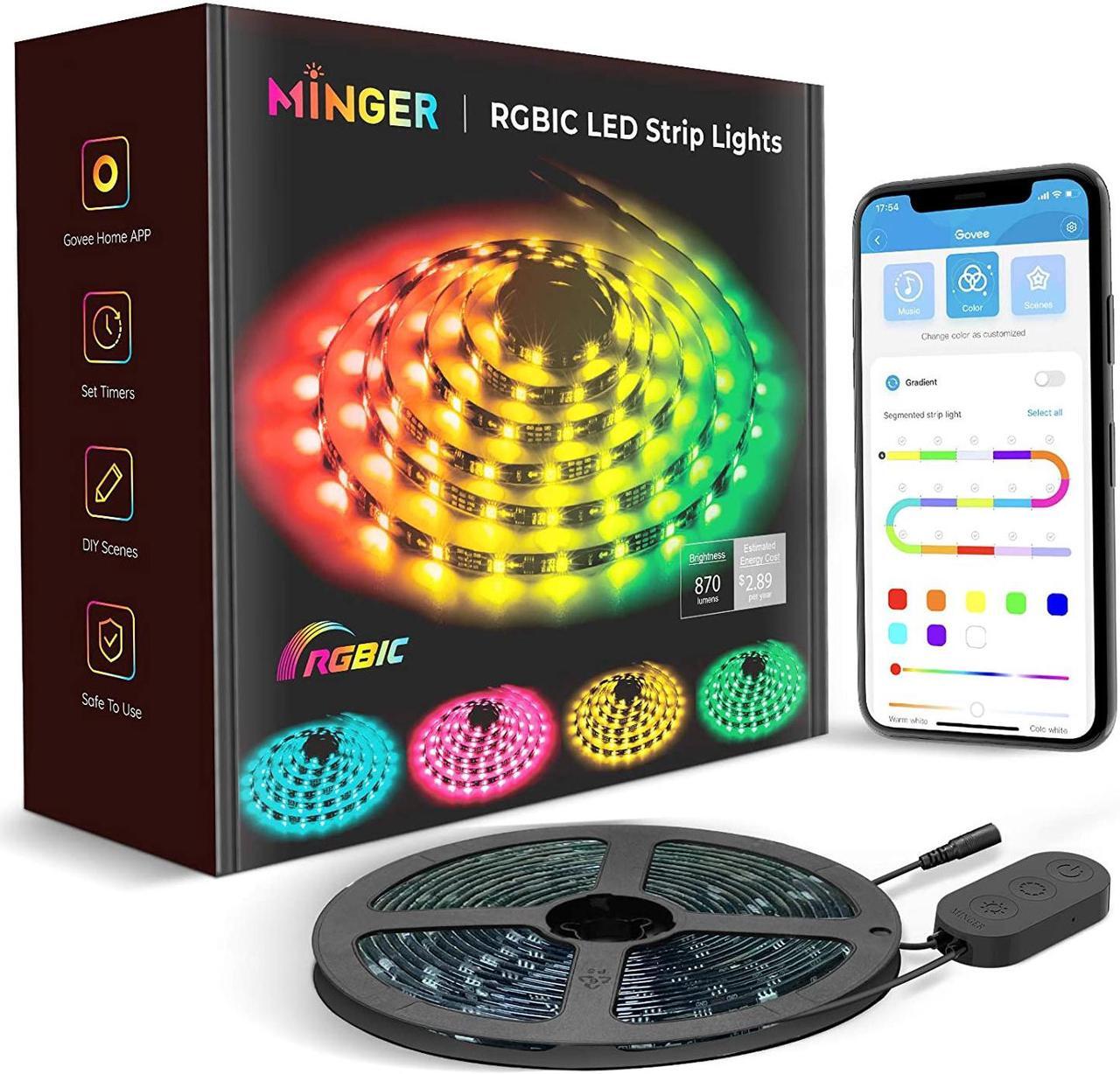 Main image of MINGER RGBIC LED Strip Lights Music Sync Bluetooth Lights with Phone App Control and 5050 LEDs Water Resistant for Party Room Bedroom TV Gaming 16.4ft