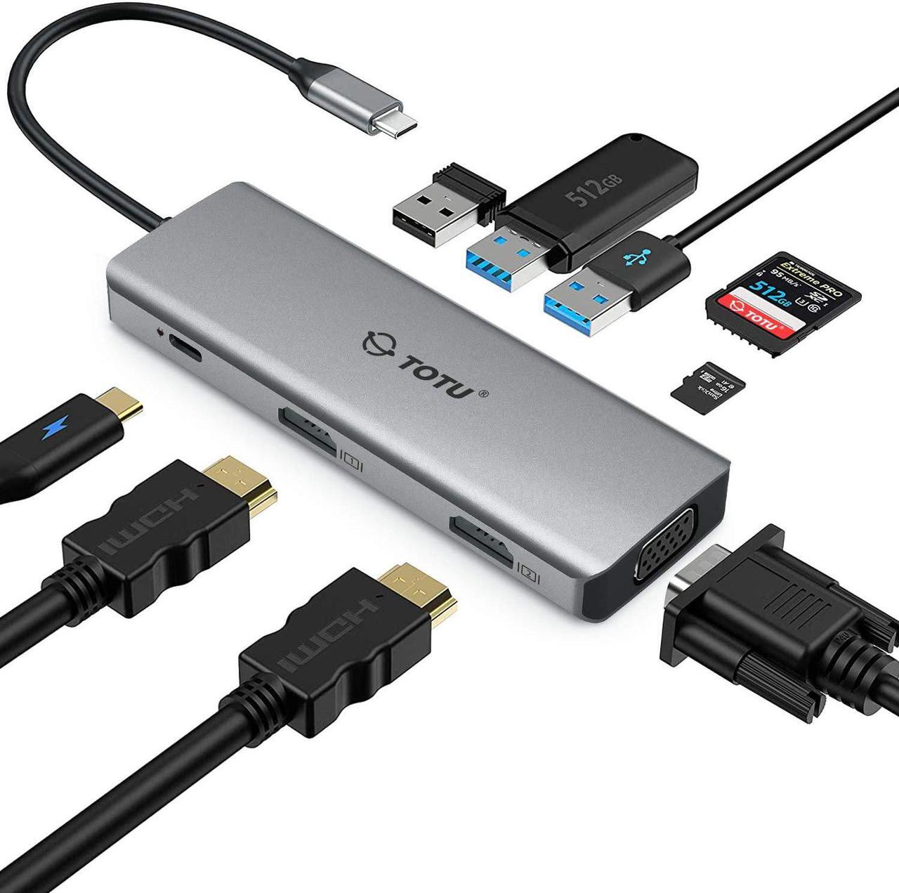 Main image of TOTU Docking Station, USB C Hub, 9 in 1 Triple Display Docking Station with Collage Display Mode, Dual 4K HDMI, VGA, 100W PD, 3 USB 3.0 and TF/SD Card Reader for MacBook Pro Air and Type-C Laptops