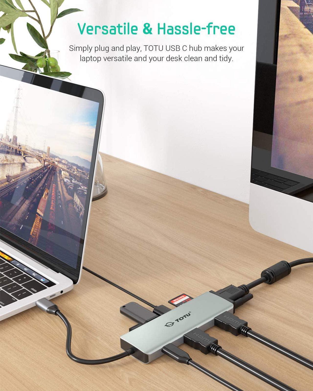 Alt view image 7 of 7 - TOTU Docking Station, USB C Hub, 9 in 1 Triple Display Docking Station with Collage Display Mode, Dual 4K HDMI, VGA, 100W PD, 3 USB 3.0 and TF/SD Card Reader for MacBook Pro Air and Type-C Laptops