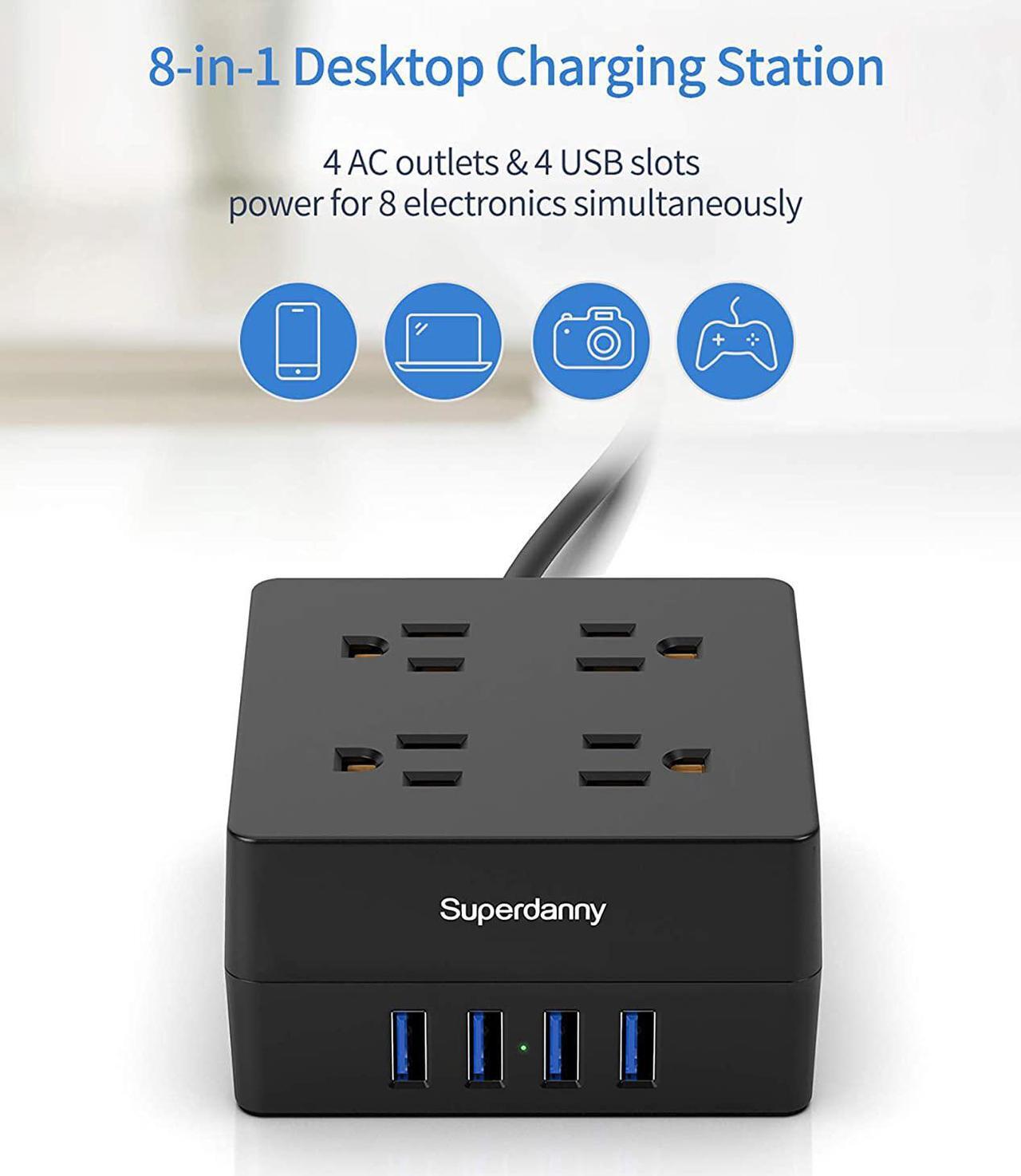 Alt view image 3 of 14 - Power Strip Surge Protector - Xiaogan 5 Ft Extension Cord with 4 Outlets & 4 USBs, 900 Joules, Overload Switch, Grounded, Mountable, Desktop Charging Station for Home, Office, Hotel, Dorm, Black