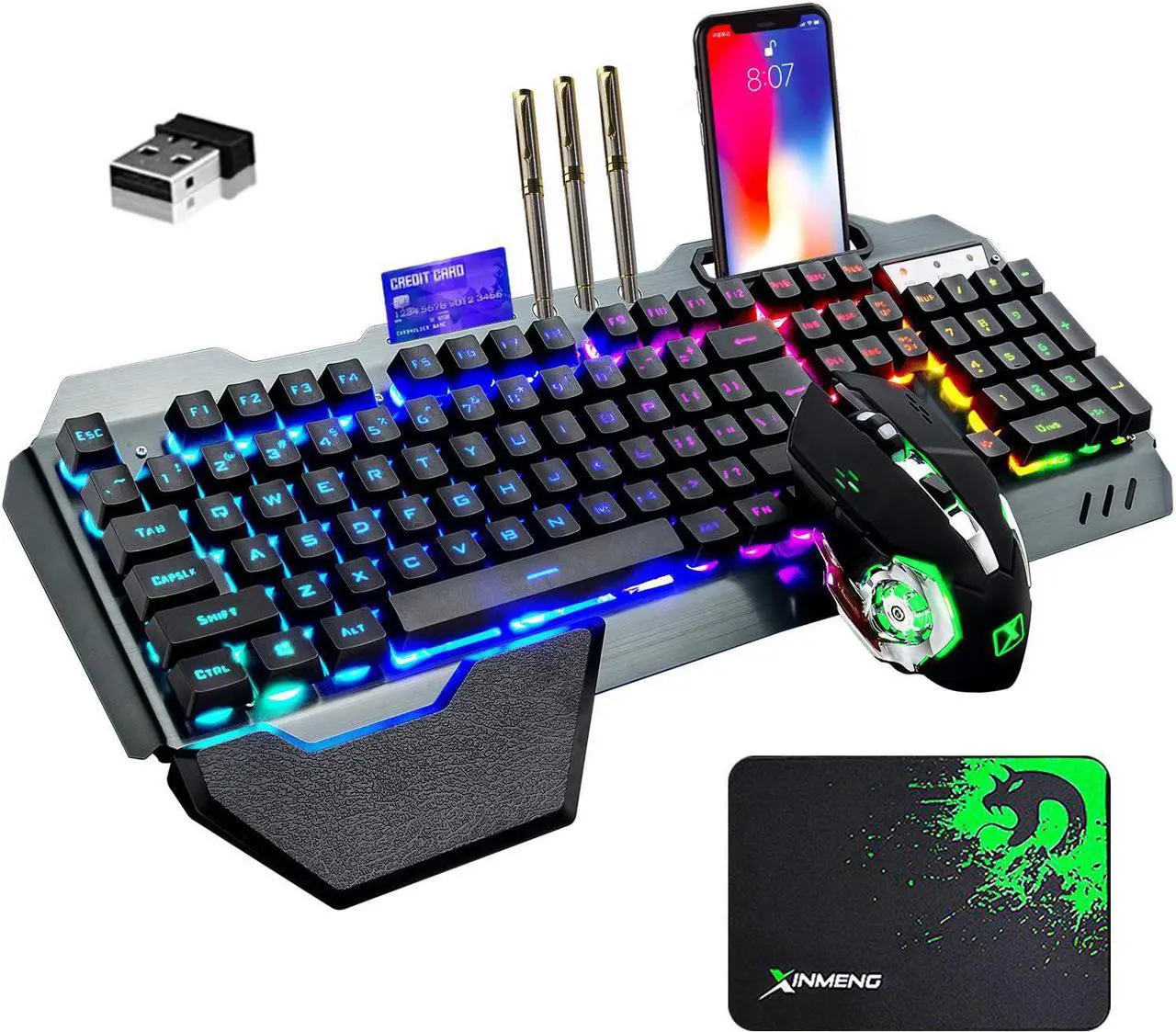 Main image of Wireless Gaming Keyboard and Mouse with Rainbow LED 16RGB Backlit Rechargeable 4800mAh Battery Metal Panel Mechanical Ergonomic Feel Waterproof Dustproof 7 Color Mute Mice for Laptop PC Gamer(Black)
