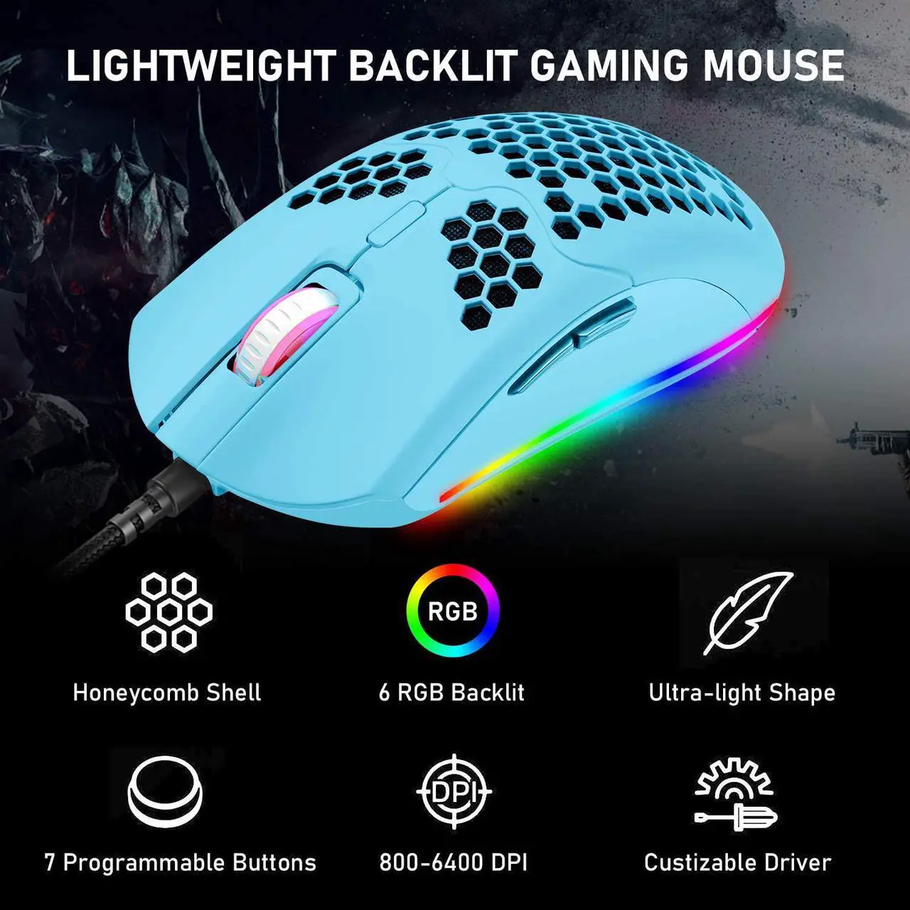 Alt view image 6 of 7 - 60% Mechanical Gaming Keyboard Mini 68 Keys Wired Type C 18 RGB Backlight Effects,Lightweight RGB 6400DPI Honeycomb Mouse,Large Mouse Pad Compatible with PS4,Xbox,PC,Laptop,MAC (Blue/Blue Switch)