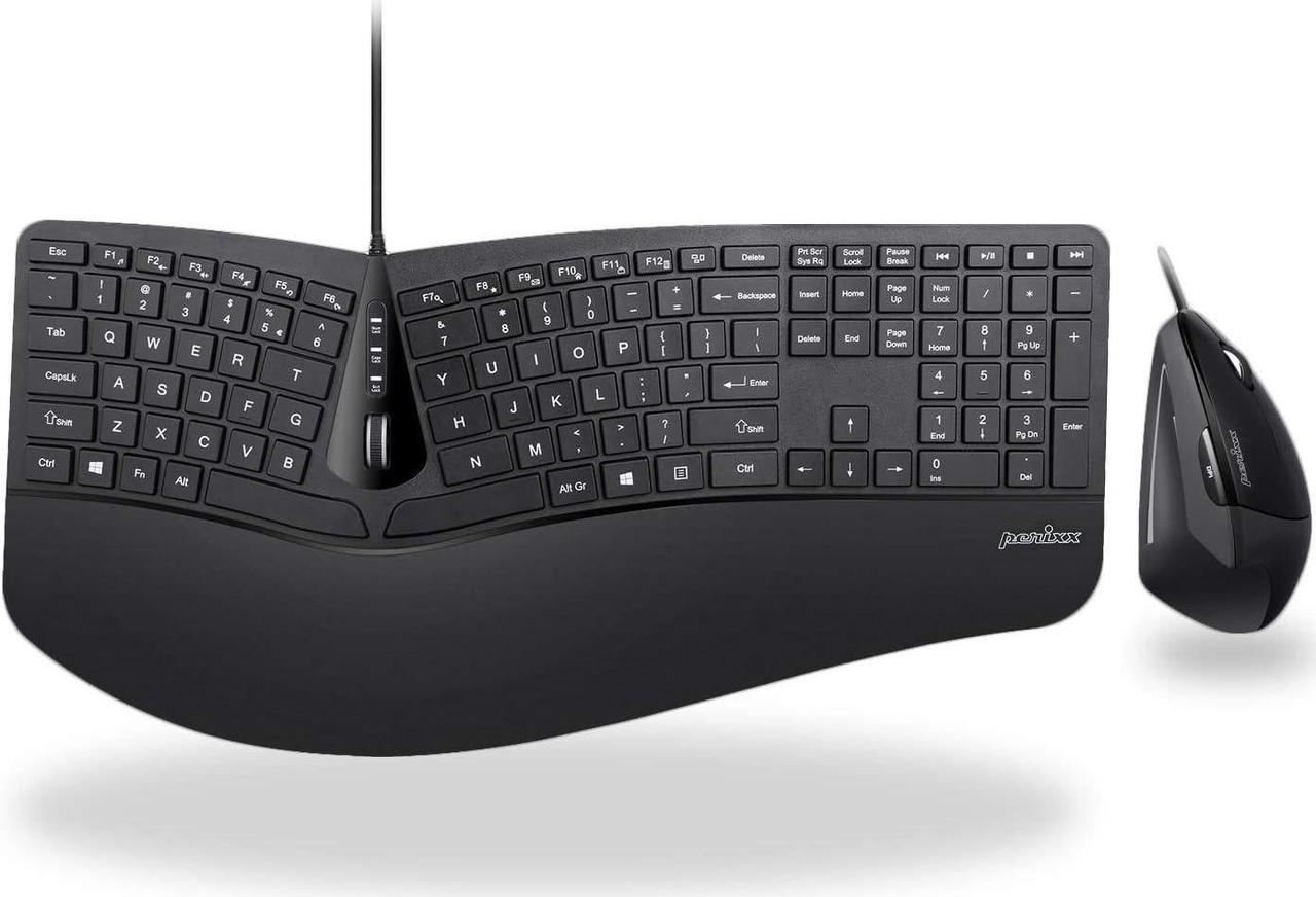 Perixx Periduo-505, Wired USB Ergonomic Split Keyboard and Vertical Mouse Combo with Adjustable Palm Rest and Short Tactical Membrane Keys, US English Layout