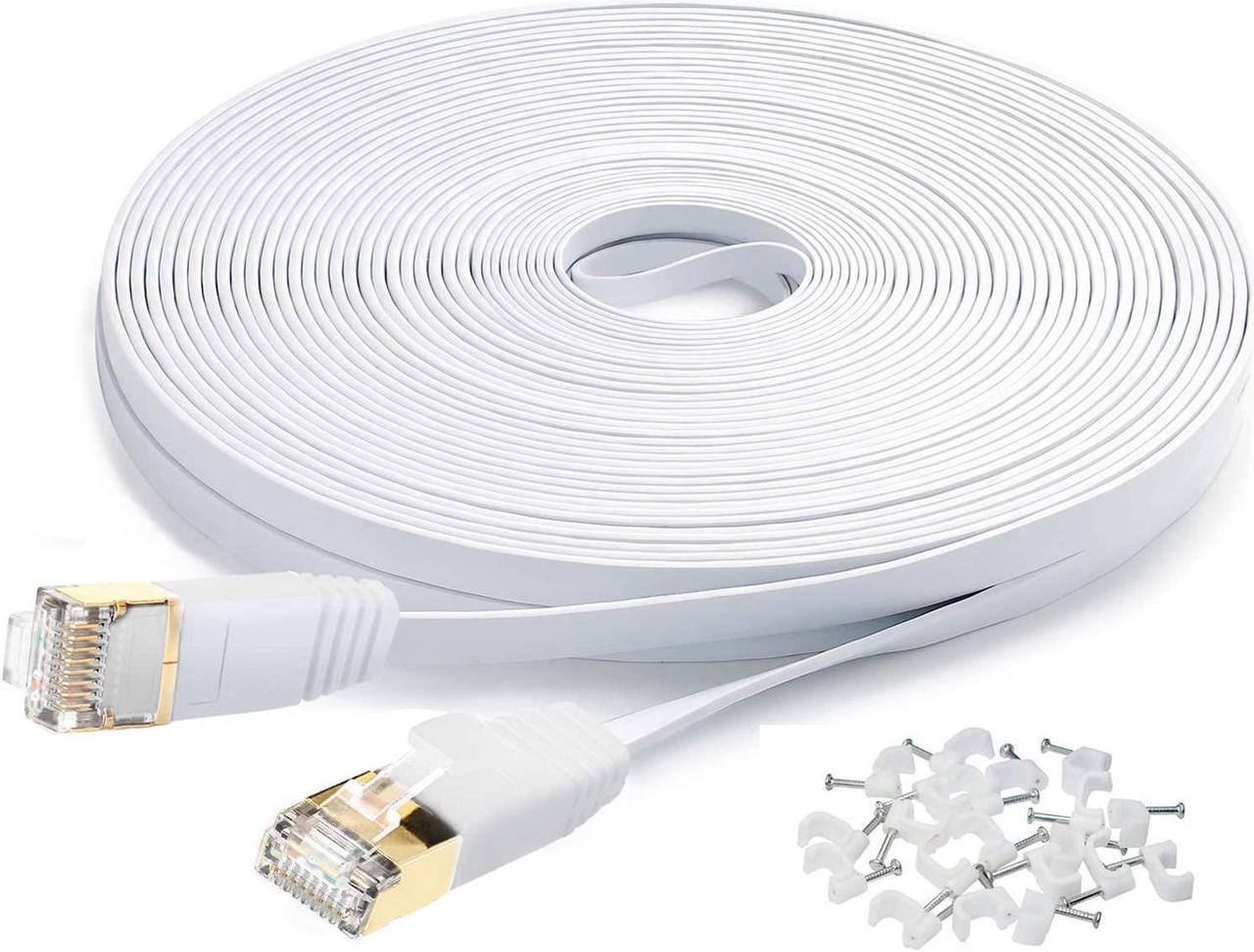 Cat7 Flat Ethernet Cable, 50 Ft 10 Gigabit High Speed Solid Computer Network Cord with Snagless Rj45 Connectors for Xbox,PS4,Modem,Router,Networking Switch Faster Than Cat5e Cat5 Cat6 Cable,White