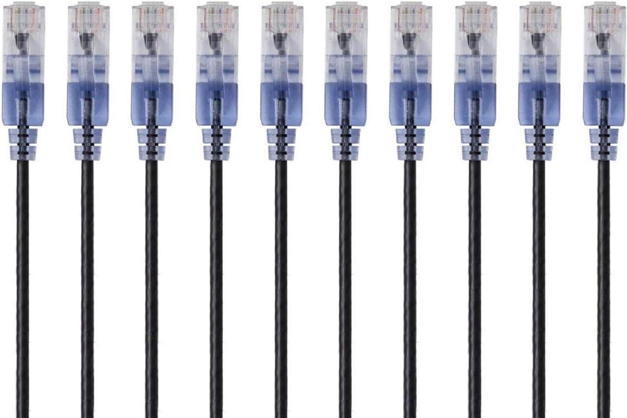 Monoprice SlimRun Cat6A Ethernet Patch Cable - Network Internet Cord - RJ45, Stranded, 550Mhz, UTP, Pure Bare Copper Wire, 10G, 30AWG , 10ft, Black, 10-Pack