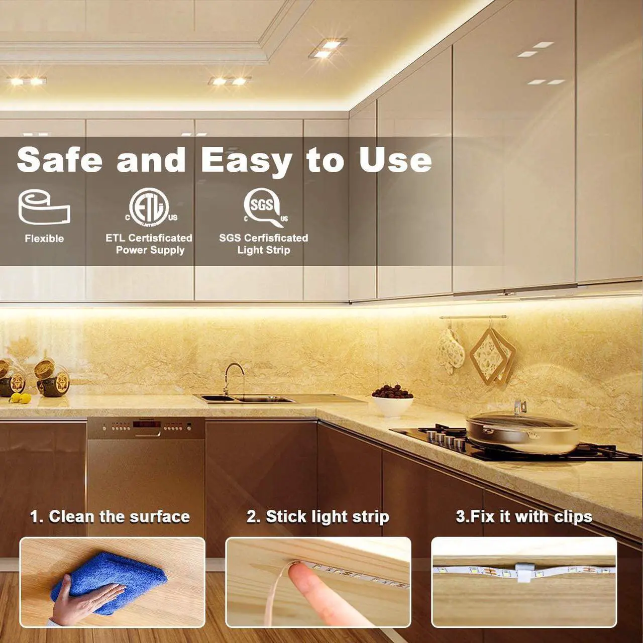Alt view image 6 of 6 - LED Strip Lights Warm White 16.4ft Dimmable LED Light Strip with RF Remote 300 Bright 3000K 2835 LEDs Plug-in Adhesive Rope Lights with Timing Mode for Living Room Bedroom Kitchen