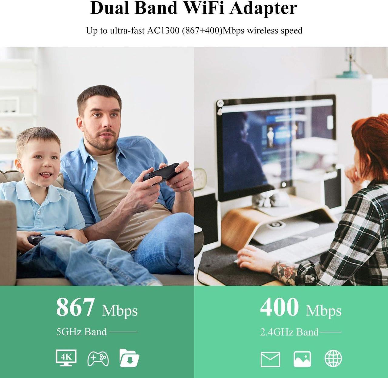 Alt view image 2 of 7 - WAVLINK USB3.0 WiFi Adapter, AC1300Mbps Wireless Network Adapter for Desktop PC, Dual Band 5GHz+2.4GHz WLAN with High Gain 2X 3dBi Antennas for Windows XP/Vista/7/8/8.1/10/11 MacOS 10.7-10.15