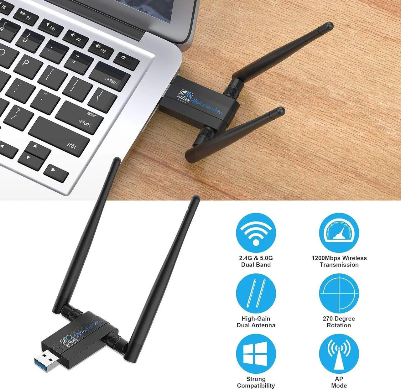 Alt view image 2 of 7 - Blueshadow AC1300 USB WiFi Adapter - 2.4G/5G Dual Band Wireless Network Adapter for PC Desktop, MU-MIMO WiFi Dongle, USB 3.0, Supports Windows11/10/8/7/Vista/XP, Mac OS X 10.5-10.15