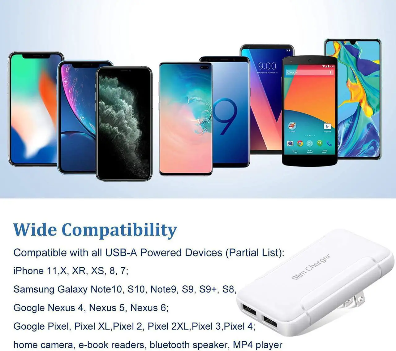 Alt view image 7 of 7 - Excgood Flat USB Wall Charger - Slim USB Plug for Wall Outlet, Compatible with iPhone 16 15 14 Pro Max/13/12/11/Xr/Xs/X, Galaxy A03s/A13/A12/S22/S21/S20/10/9/8, Webcam - 2-Pack, White