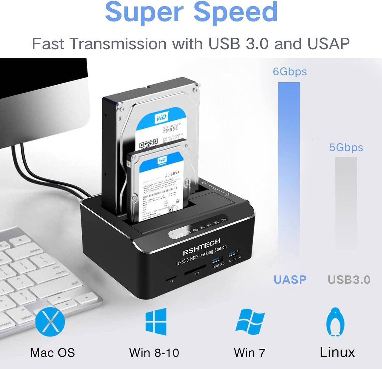 Alt view image 3 of 7 - Hard Drive Docking Station RSHTECH USB 3.0 Aluminum Dual Bay Hard Drive Dock for 2.5 & 3.5 SATA HDD SSD with SD TF Card Reader and Offline Clone/Duplicator Function Support 16TB Tool-Free