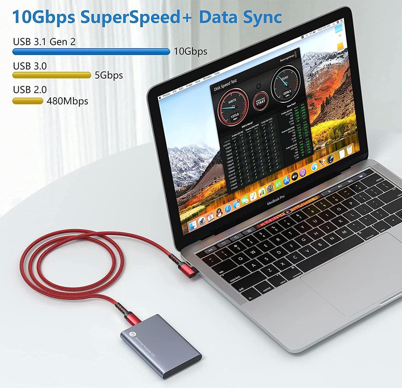 Alt view image 3 of 7 - Right Angle USB C Cable 3ft 100W 10Gbps USB-C to USB-C 3.1 Gen2 PD Fast Charging Short Cord 4K Display for MacBook Pro iPhone 16/15 SSD Docking Station Galaxy S24 2Pack (Red)