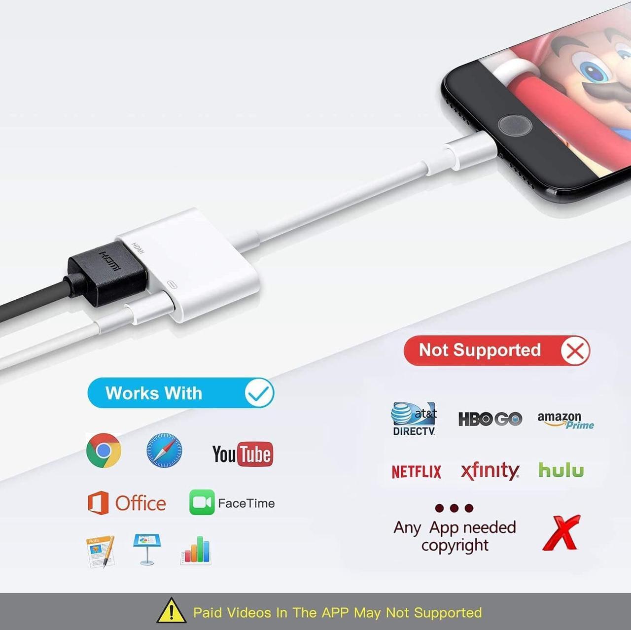 Alt view image 4 of 7 - Lightning to HDMI Adapter for iPhone 12/12 Pro Max 11 Pro/XS/XR/X/8 7 6 Plus SE iPad Pro Mini 2 iPhone to HDMI Connector Support iOS 10~14.1 and Later