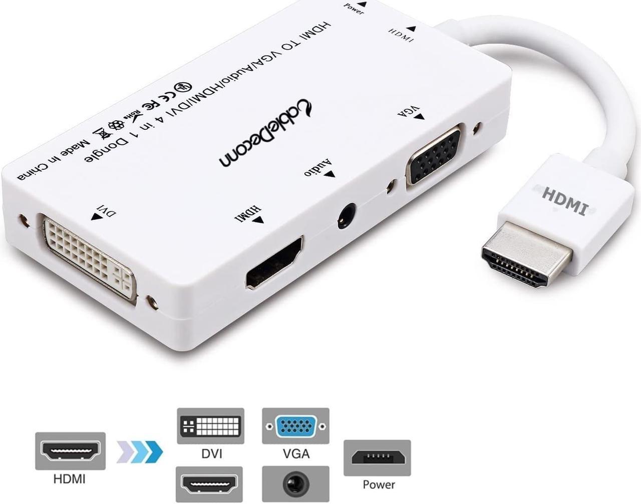 CABLEDECONN Multiport 4-in-1 HDMI to HDMI/DVI/VGA Adapter Cable with Audio Output Converter (White)