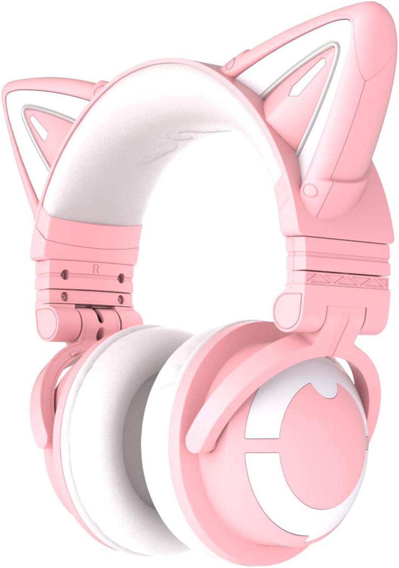 YOWU RGB Cat Ear Headphone 3G Wireless Bluetooth 5.0 Foldable Gaming Headset with 7.1 Surround Sound, Built-in Mic & Customizable Lighting and Effect via APP, Type-C Charging Audio Cable -Pink