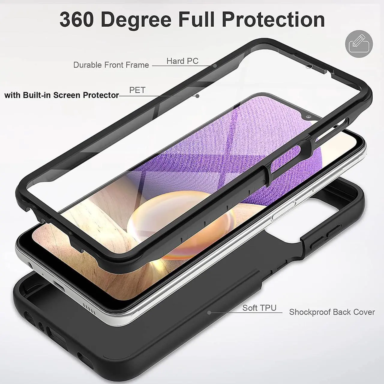 Alt view image 3 of 7 - V/A for Samsung Galaxy A32 5G Case with Built-in Screen Protector, Full Body Protection Shockproof Cover Case, [Rugged PC Front Bumper + Soft TPU Back Cover] Armor Protective Phone Case (Black)