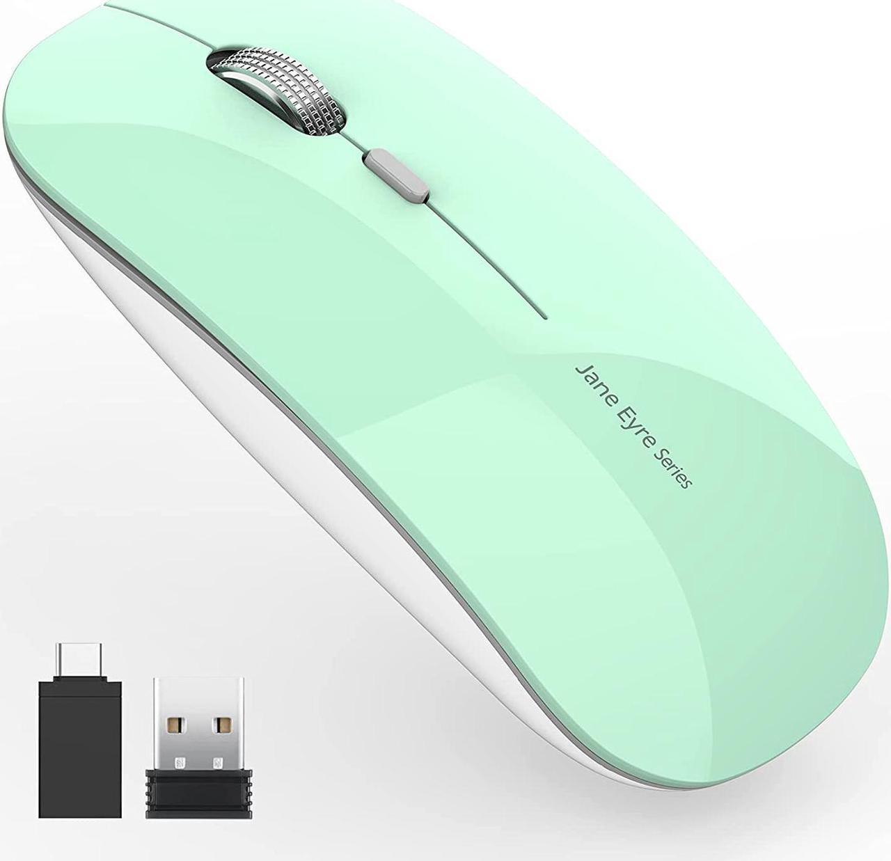 Q5 Slim Rechargeable Wireless Mouse, 2.4G Portable Optical Silent Ultra Thin Wireless Computer Mouse with USB Receiver and Type C Adapter, Compatible with PC, Laptop, Desktop (Mint Green)