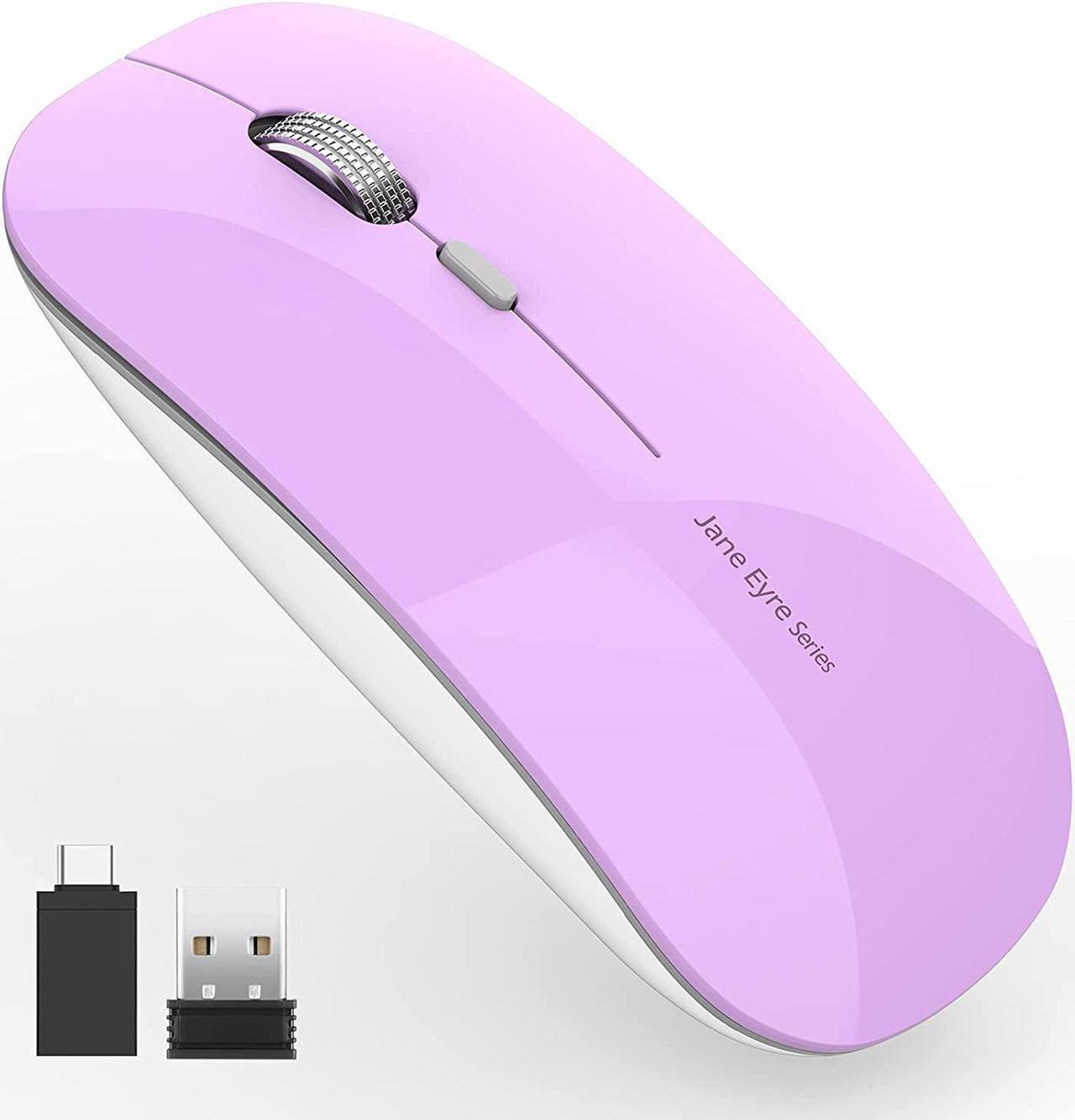 Q5 Slim Rechargeable Wireless Mouse, 2.4G Portable Optical Silent Ultra Thin Wireless Computer Mouse with USB Receiver and Type C Adapter, Compatible with PC, Laptop, Desktop (Purple)