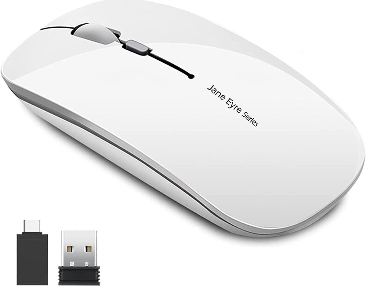 Q5 Slim Rechargeable Wireless Mouse, 2.4G Portable Optical Silent Ultra Thin Wireless Computer Mouse with USB Receiver and Type C Adapter, Compatible with PC, Laptop, Notebook, Desktop White