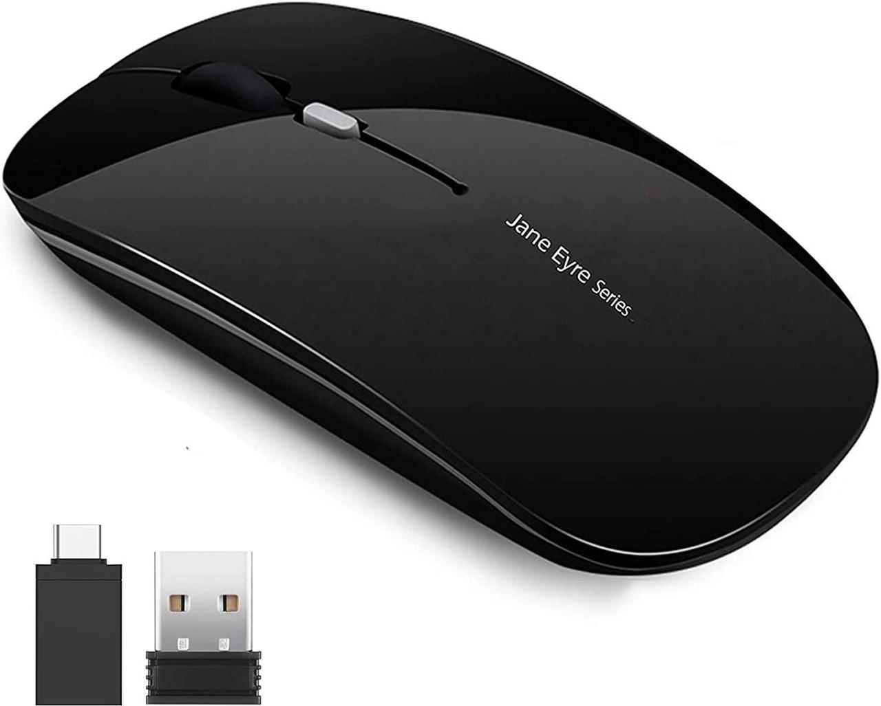 Q5 Slim Rechargeable Wireless Mouse, 2.4G Portable Optical Silent Ultra Thin Wireless Computer Mouse with USB Receiver and Type C Adapter, Compatible with PC, Laptop, Notebook, Desktop Black