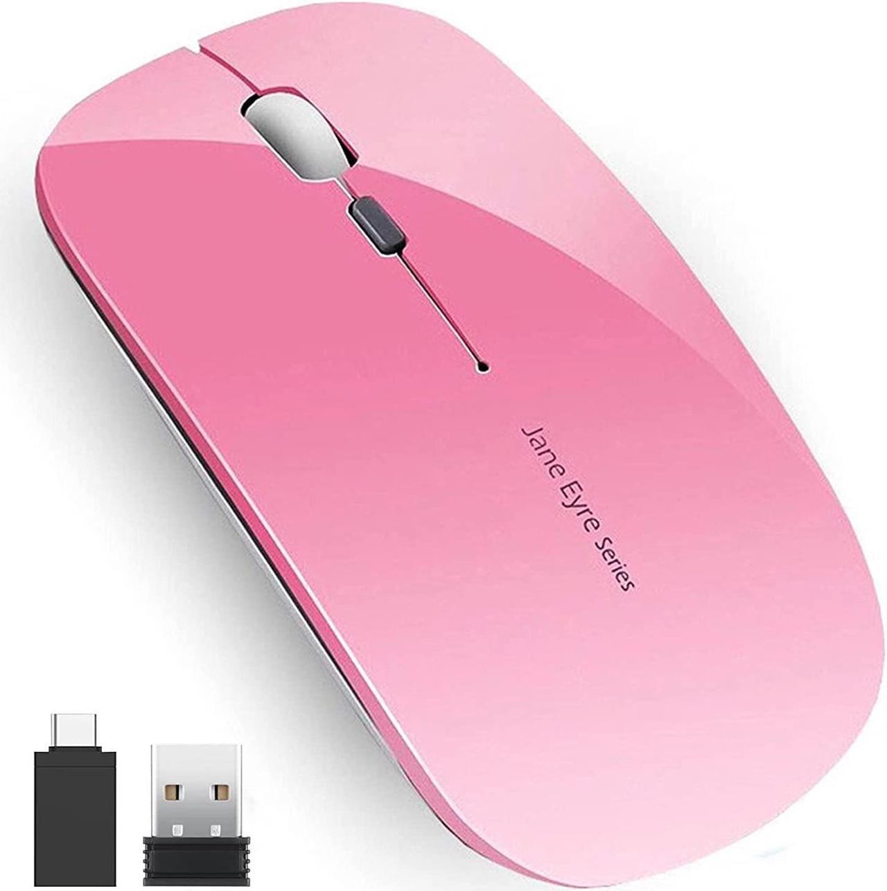 Q5 Slim Rechargeable Wireless Mouse, 2.4G Portable Optical Silent Ultra Thin Wireless Computer Mouse with USB Receiver and Type C Adapter, Compatible with PC, Laptop, Desktop (Pink)