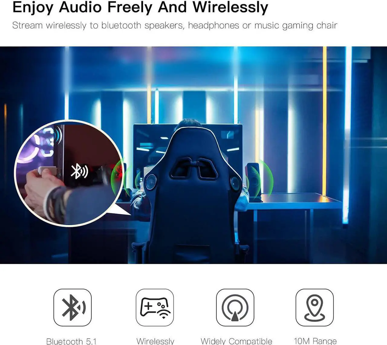 Alt view image 3 of 6 - GTRACING Bluetooth USB Adapter Transmitter V5.1 Wireless Dongle for PC, Laptop, PS4, PS5, Switch Connects Bluetooth Speakers, Bluetooth Gaming Chair, GT Lynck1