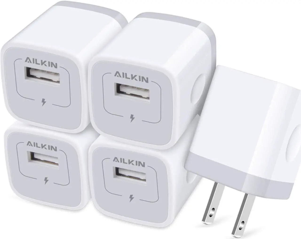 Main image of AILKIN USB Charger Wall Plug, [5Pack-1Port] Fast Charging Outlet AC Power Adapter Block Cube for iPhone, iPad, Samsung, Camera, Android or Type C Phones & Tablets Charge Multiple USB Hub Station Base