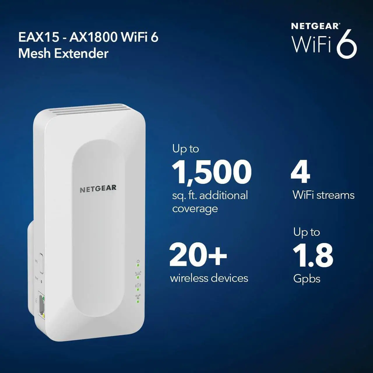 Alt view image 2 of 6 - Xiaogan WiFi 6 Mesh Range Extender (EAX15) - Add up to 1,500 sq. ft. and 20+ Devices with AX1800 Dual-Band Wireless Signal Booster & Repeater (up to 1.8Gbps Speed), WPA3 Security, Smart Roaming