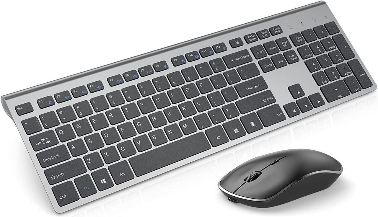 Rechargeable Wireless Keyboard Mouse-J JOYACCESS 2.4G Full Size Thin Wireless Keyboard and Mouse with Long Battery Life, Ergonomic and Compact Design for Laptop, PC, DesktopComputer, Windows- Grey