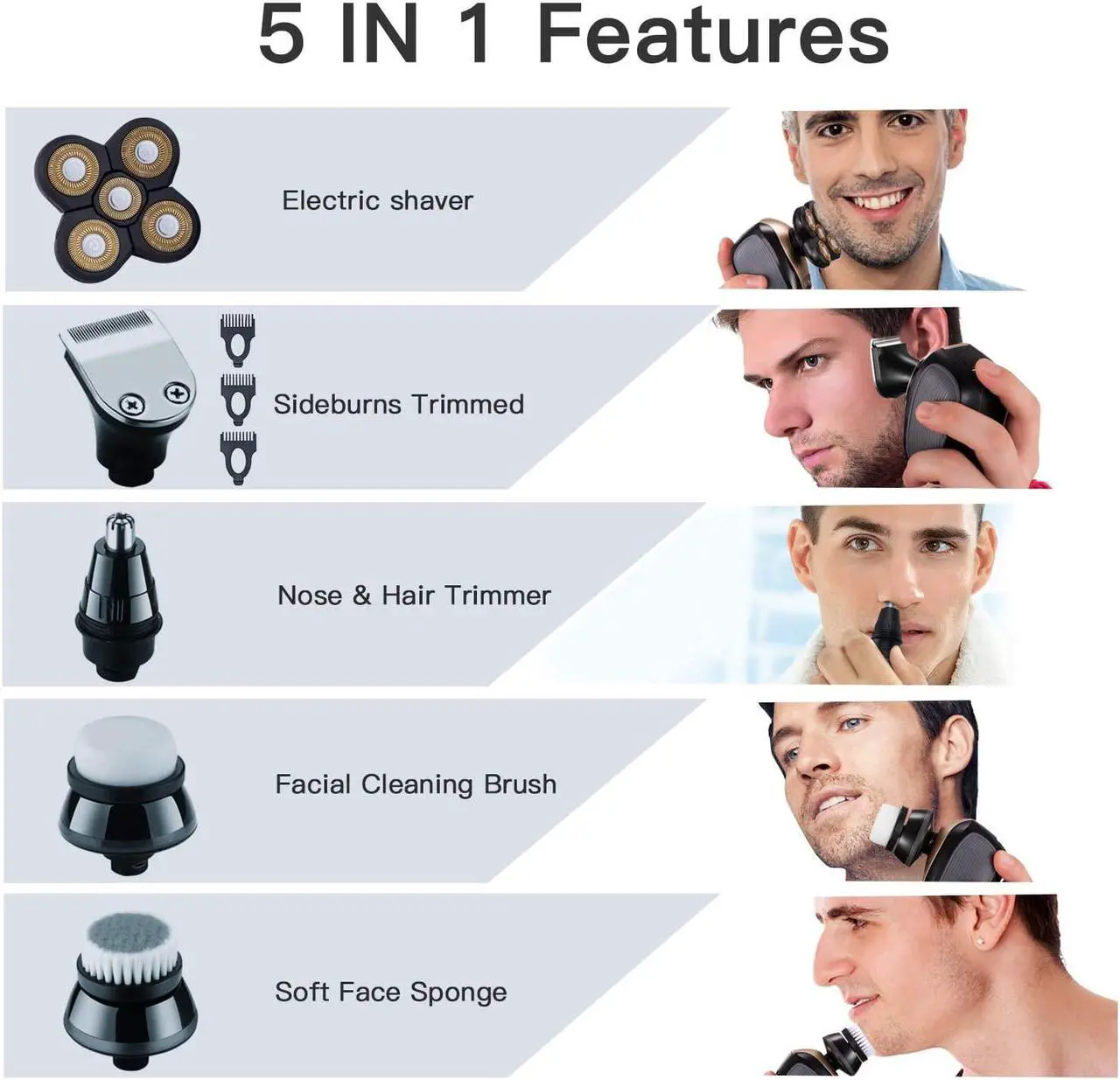 Alt view image 5 of 7 - Electric Razor for Men Head Shaver for Bald Men Grooming Kit 5 in 1 Wet Dry Rotary Shavers Nose Hair Beard Trimmer Clippers Facial Cleansing Brush Cordless Waterproof USB Charging Rechargeable