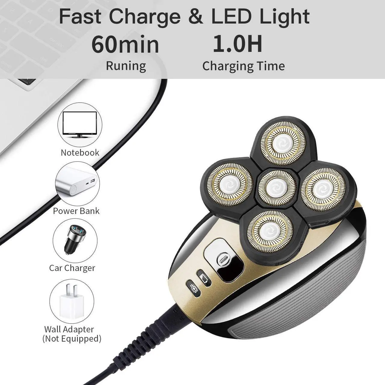 Alt view image 6 of 7 - Electric Razor for Men Head Shaver for Bald Men Grooming Kit 5 in 1 Wet Dry Rotary Shavers Nose Hair Beard Trimmer Clippers Facial Cleansing Brush Cordless Waterproof USB Charging Rechargeable