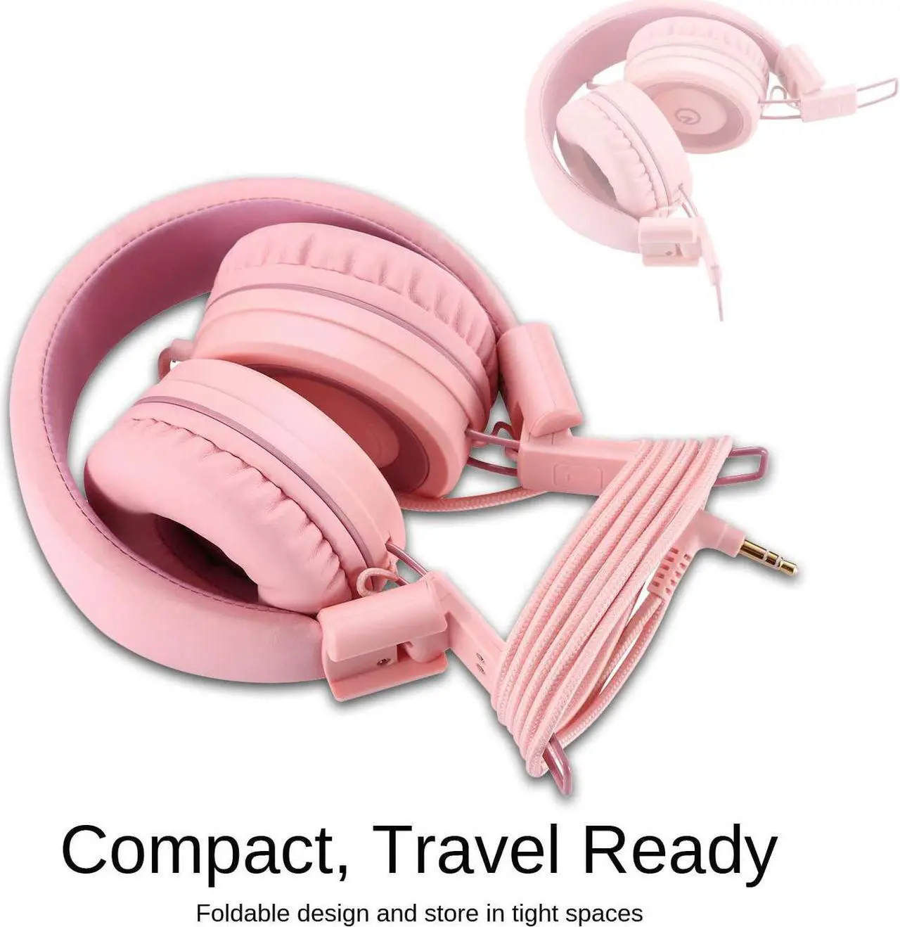 Alt view image 5 of 7 - noot products Kids Headphones K11 Foldable Stereo Tangle-Free 5ft Long Cord 3.5mm Jack Plug in Wired On-Ear Headset for iPad/Girls/Boys/School/Laptop/Travel/Plane/Tablet-Soft Pink