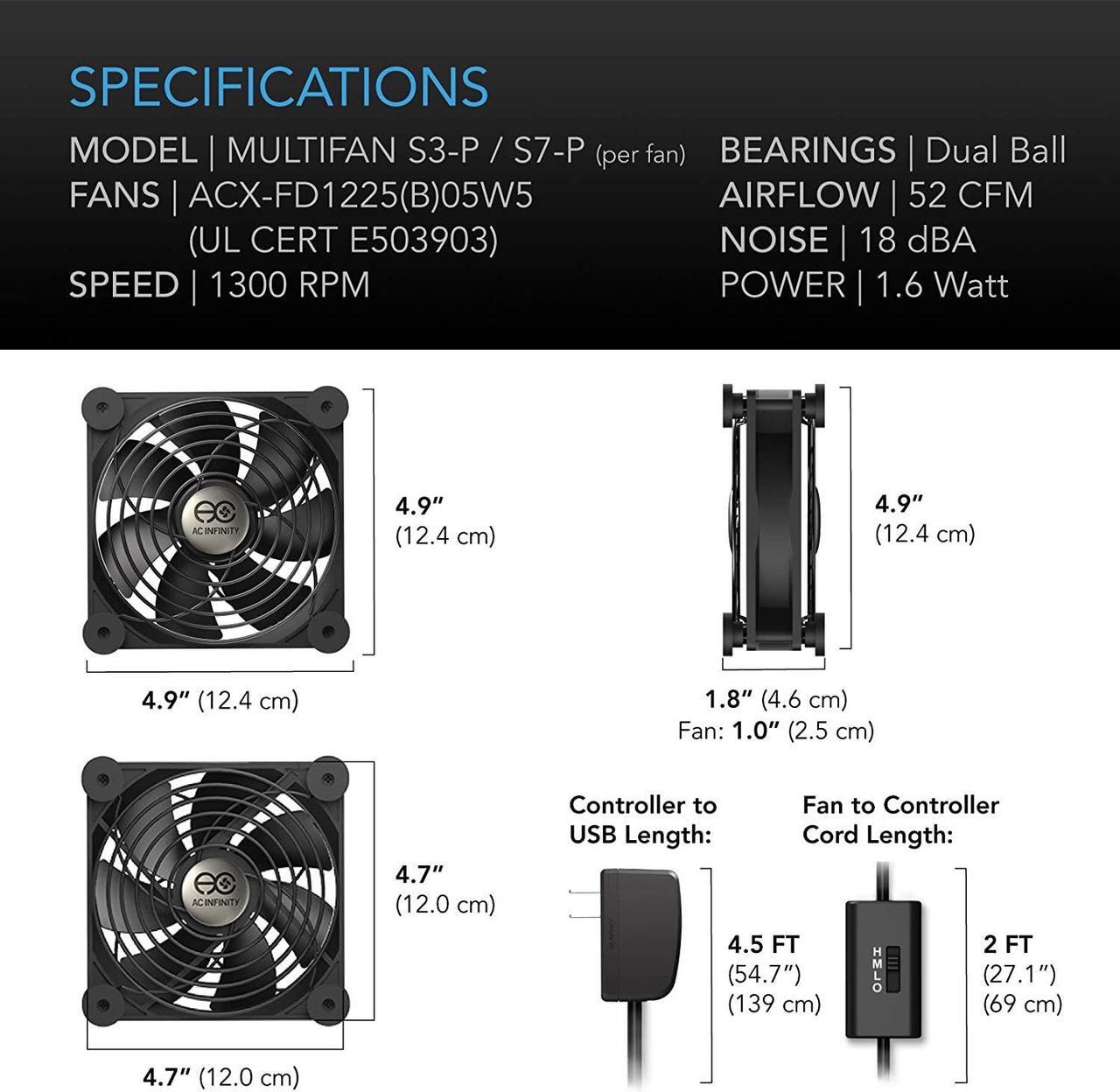 Alt view image 6 of 7 - AC Infinity MULTIFAN S7-P, Quiet Dual 120mm AC-Powered Fan with Speed Control, UL-Certified for Receiver DVR Playstation Xbox Component Cooling
