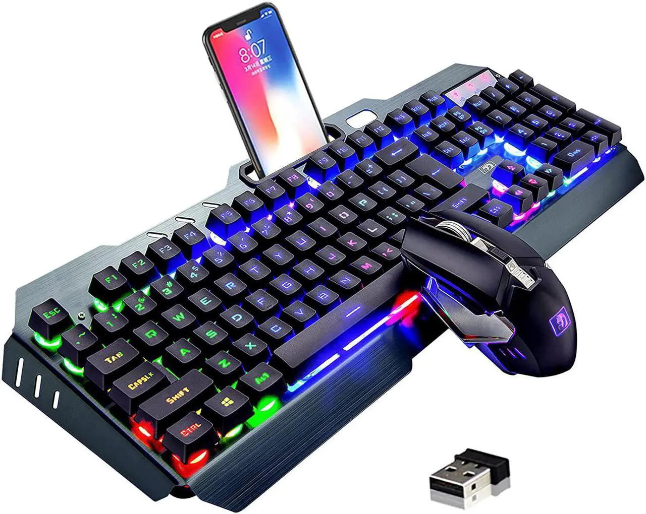 Main image of Wireless Gaming Keyboard and Mouse, Rechargeable, Rainbow Backlit with 3800mAh Battery Metal Panel,Mechanical Feel Keyboard and 7 Color Mute Mouse for Windows Computer Gamers