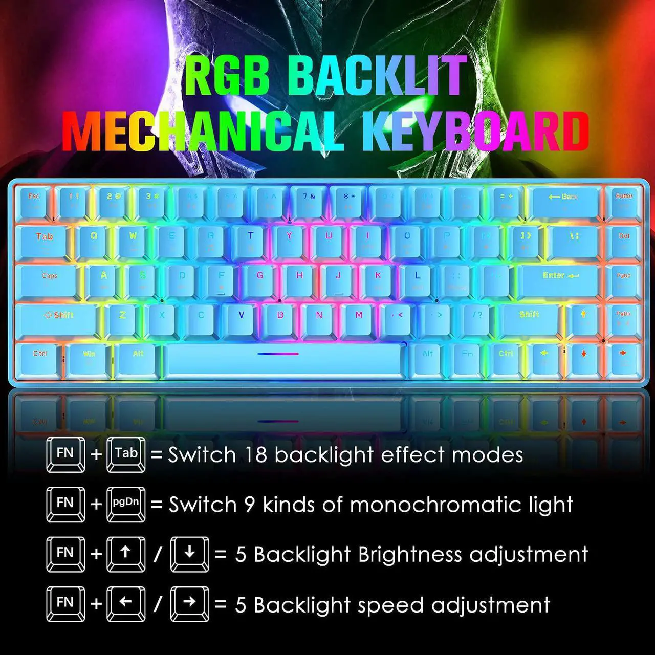 Alt view image 2 of 7 - 60% Mechanical Gaming Keyboard Mini 68 Keys Wired Type C 18 RGB Backlight Effects,Lightweight RGB 6400DPI Honeycomb Mouse,Large Mouse Pad Compatible with PS4,Xbox,PC,Laptop,MAC (Blue/Blue Switch)