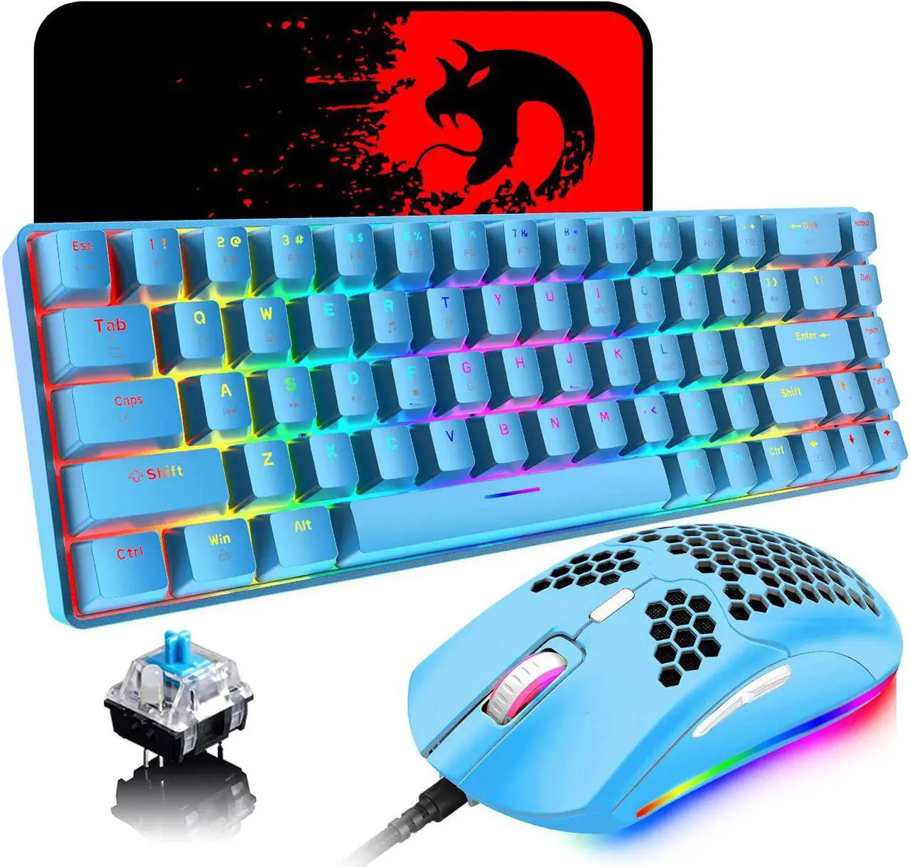 Main image of 60% Mechanical Gaming Keyboard Mini 68 Keys Wired Type C 18 RGB Backlight Effects,Lightweight RGB 6400DPI Honeycomb Mouse,Large Mouse Pad Compatible with PS4,Xbox,PC,Laptop,MAC (Blue/Blue Switch)