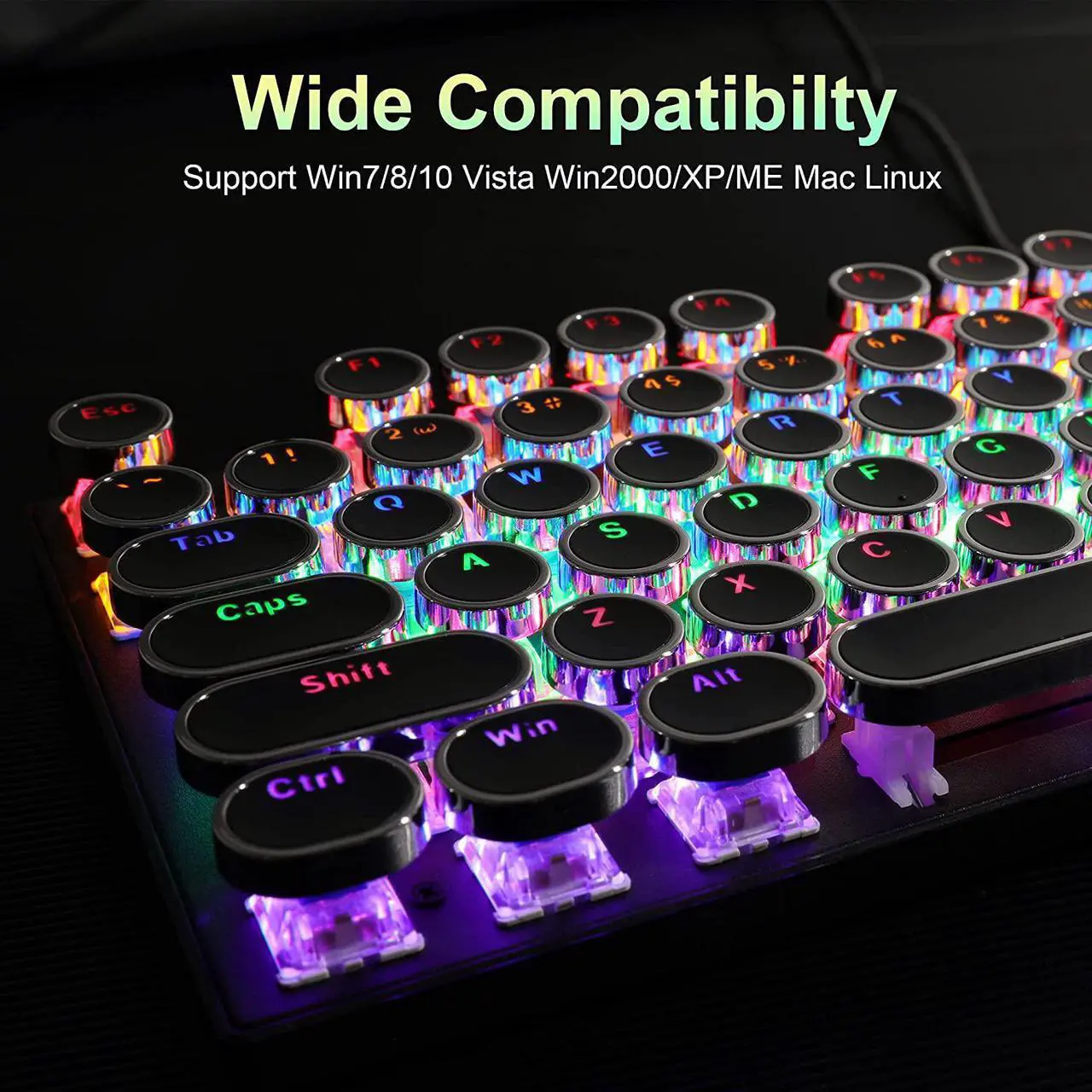 Alt view image 7 of 7 - Camiysn Typewriter Style Mechanical Gaming Keyboard, Black Retro Punk Gaming Keyboard with RGB Backlit, 104 Keys Blue Switch Wired Cute Keyboard, Round Keycaps for Windows/Mac/PC